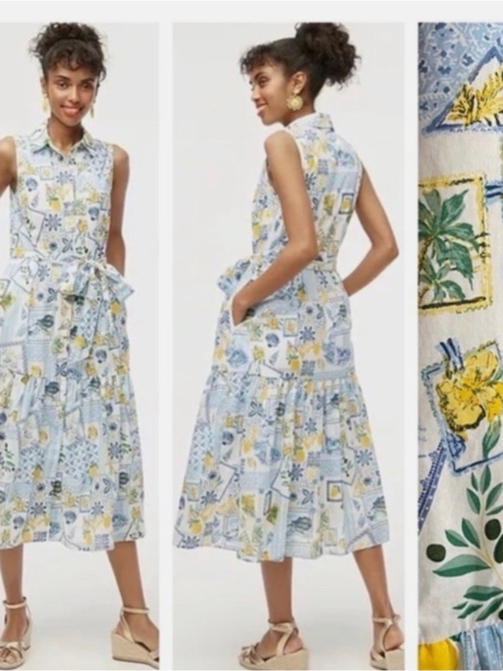 J. Crew Blue & Yellow Printed Collared Maxi Dress with tile and lemon detail. - Picture 2 of 6